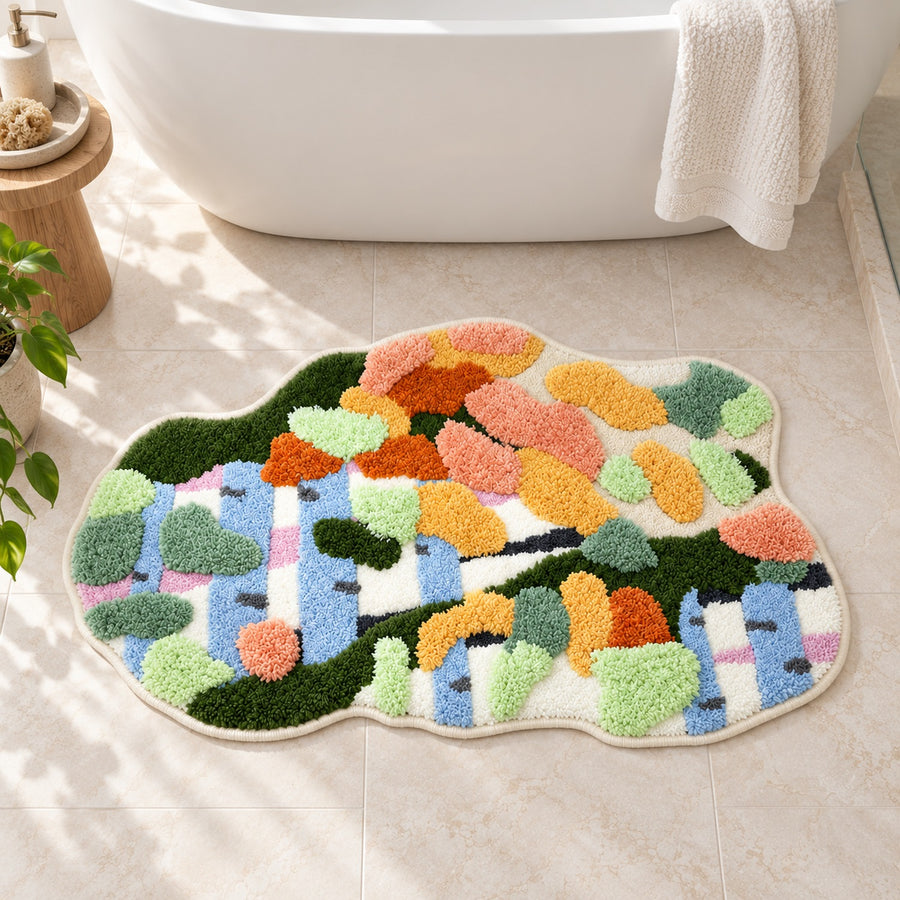 Feblilac Irregular Red and White Moss Runner Tufted Bath Mat