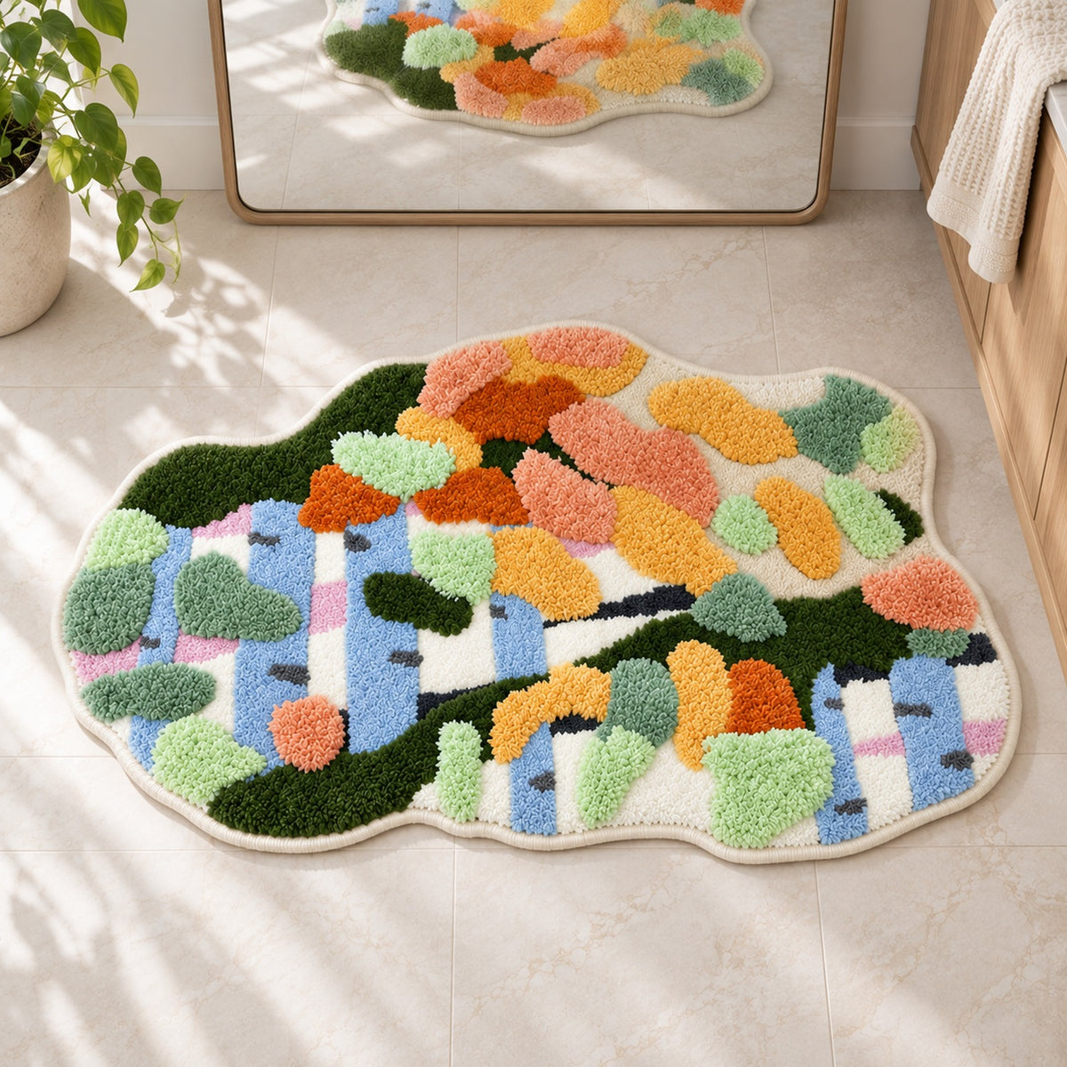 Feblilac Irregular Red and White Moss Runner Tufted Bath Mat