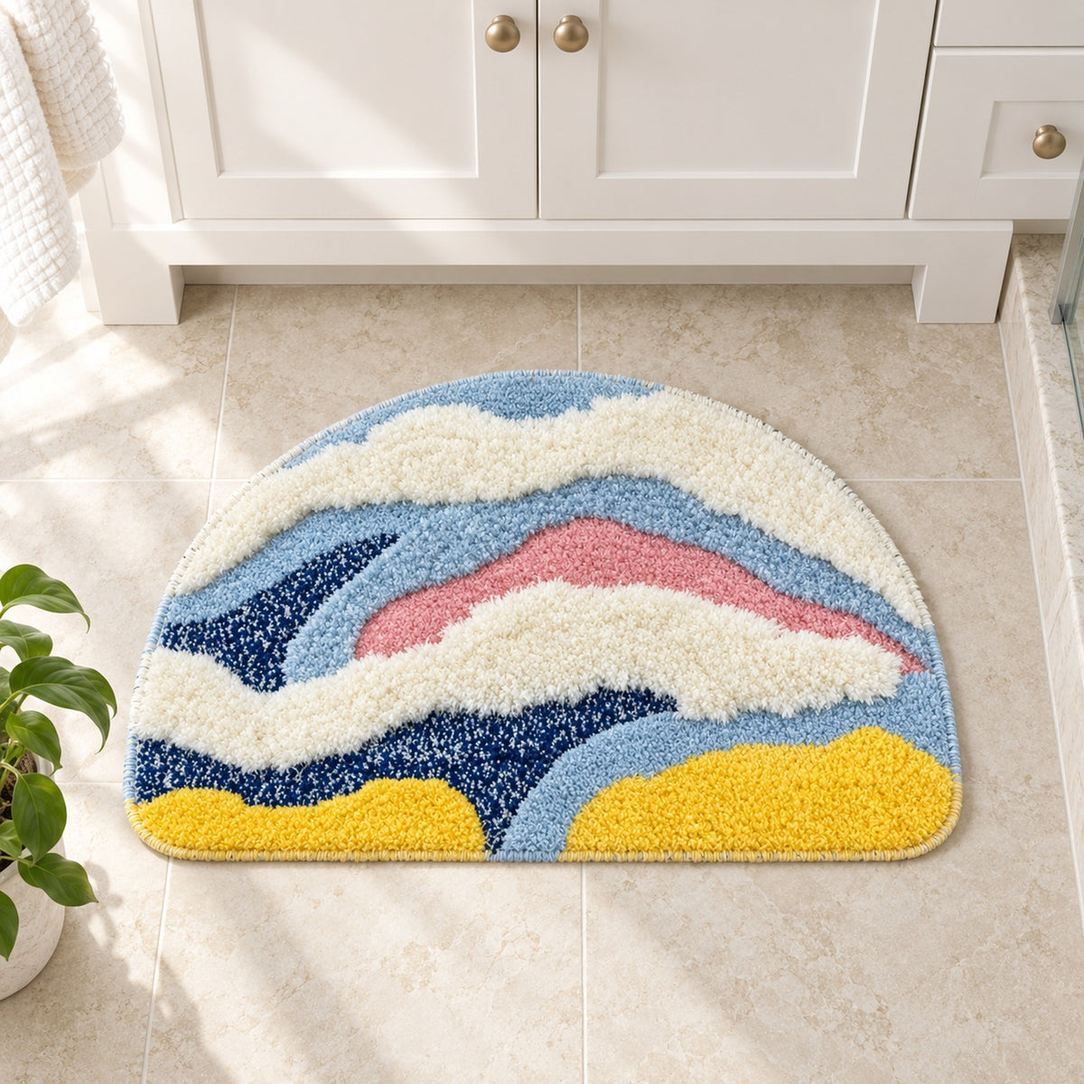 Feblilac Semicircle Yellow, White and Blue Abstract Waves Tufted Bath Mat