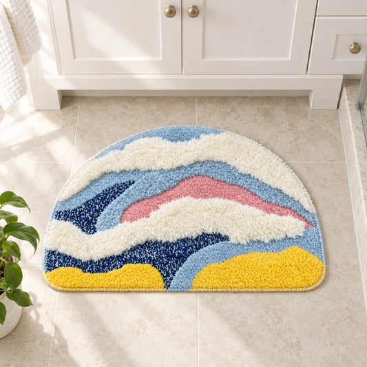 Feblilac Semicircle Yellow, White and Blue Abstract Waves Tufted Bath Mat