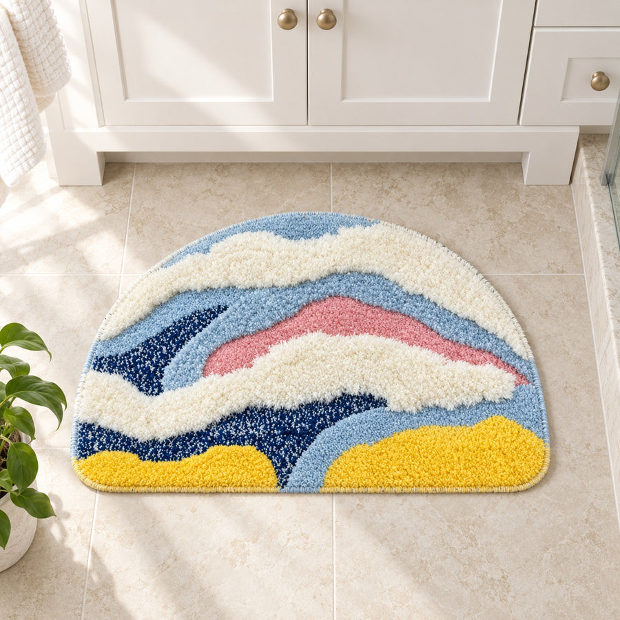 Feblilac Semicircle Yellow, White and Blue Abstract Waves Tufted Bath Mat