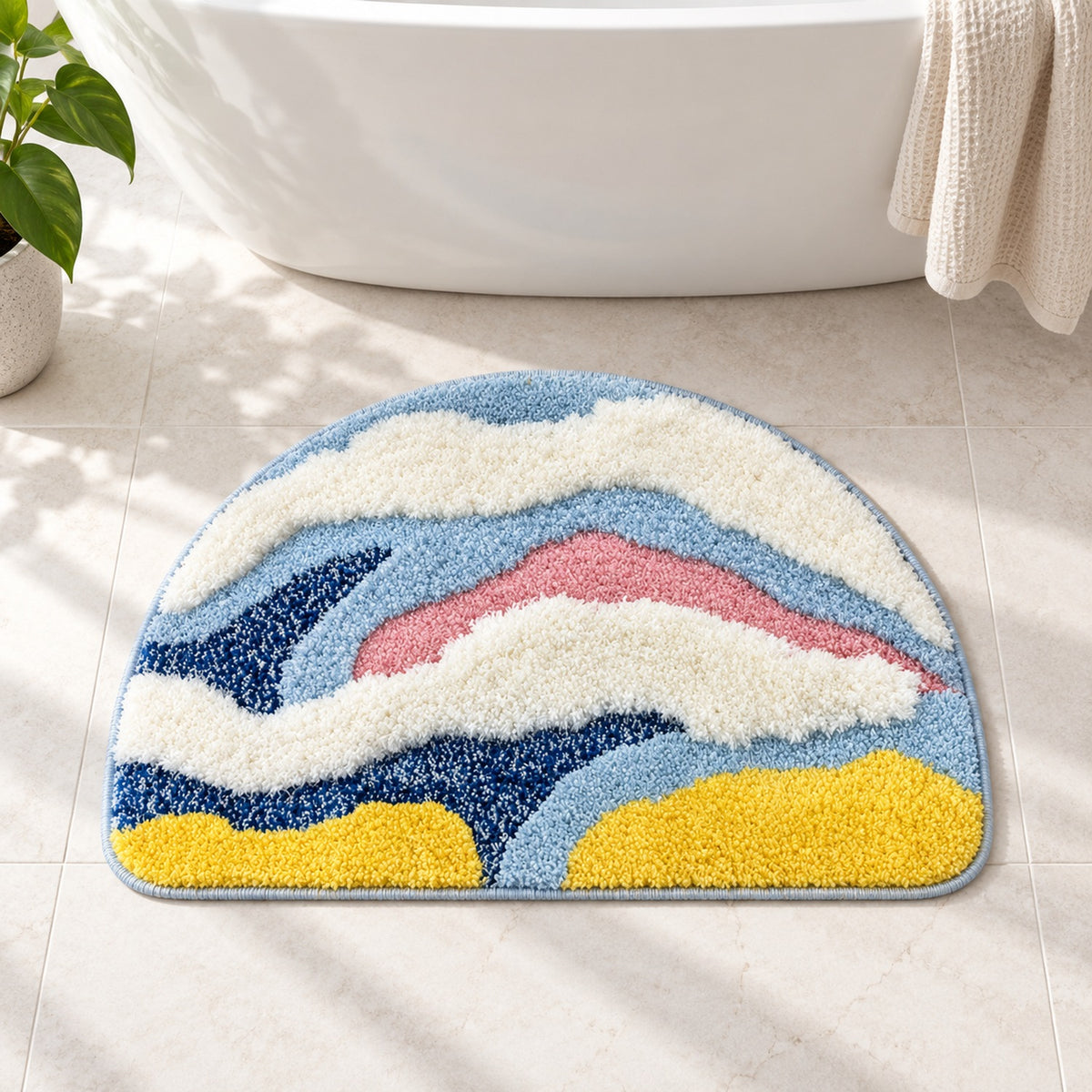 Feblilac Semicircle Yellow, White and Blue Abstract Waves Tufted Bath Mat