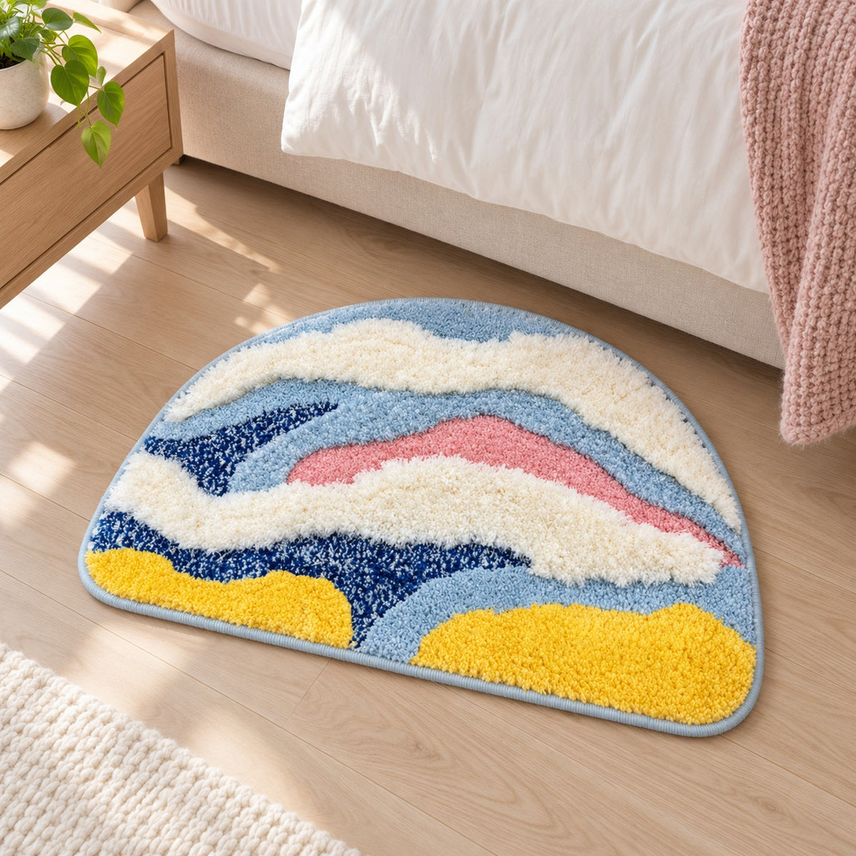 Feblilac Semicircle Yellow, White and Blue Abstract Waves Tufted Bath Mat