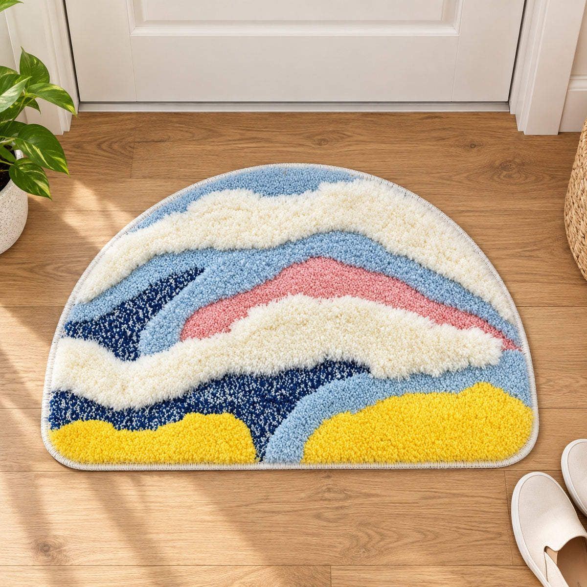Feblilac Semicircle Yellow, White and Blue Abstract Waves Tufted Bath Mat