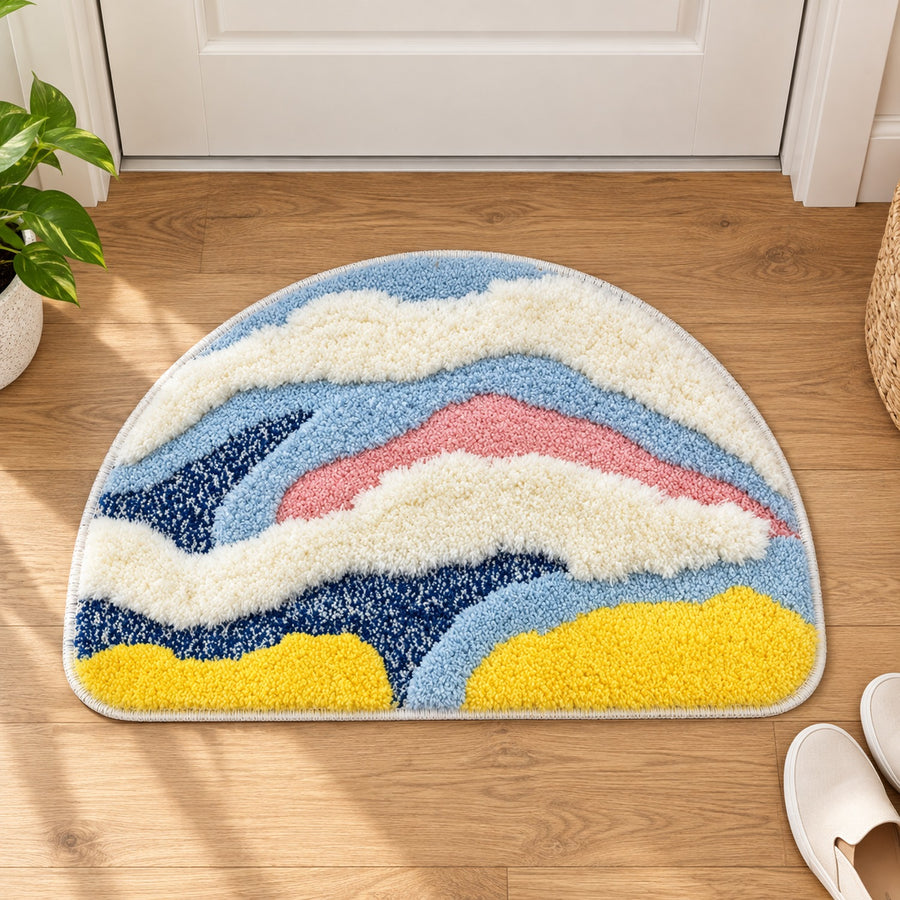 Feblilac Semicircle Yellow, White and Blue Abstract Waves Tufted Bath Mat