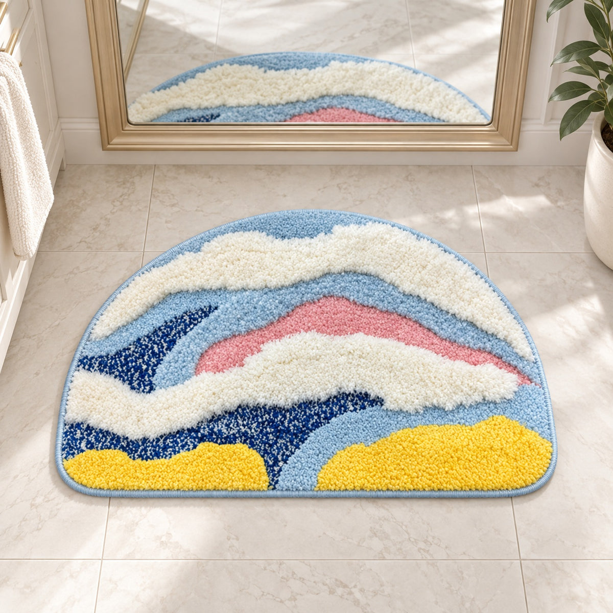 Feblilac Semicircle Yellow, White and Blue Abstract Waves Tufted Bath Mat