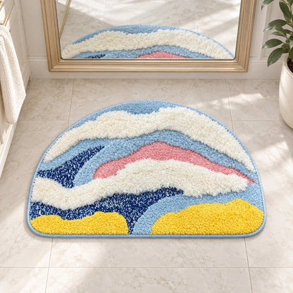 Feblilac Semicircle Yellow, White and Blue Abstract Waves Tufted Bath Mat