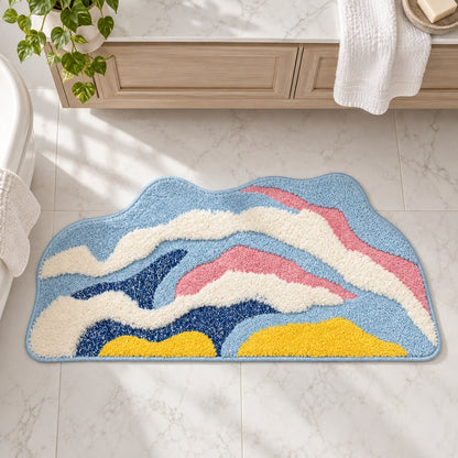 Feblilac Irregular Yellow, White and Blue Abstract Waves Tufted Bath Mat