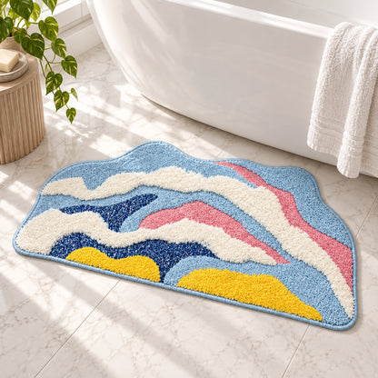 Feblilac Irregular Yellow, White and Blue Abstract Waves Tufted Bath Mat