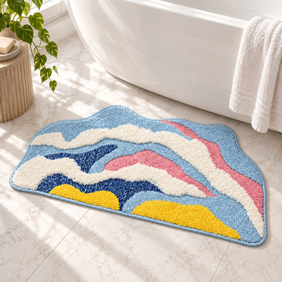 Feblilac Irregular Yellow, White and Blue Abstract Waves Tufted Bath Mat