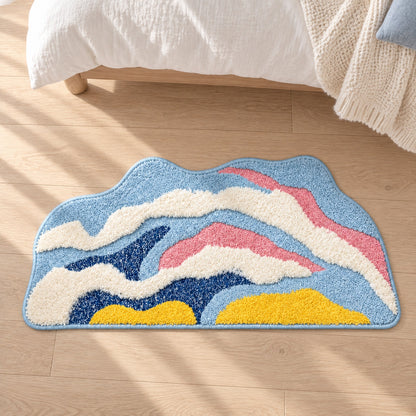 Feblilac Irregular Yellow, White and Blue Abstract Waves Tufted Bath Mat