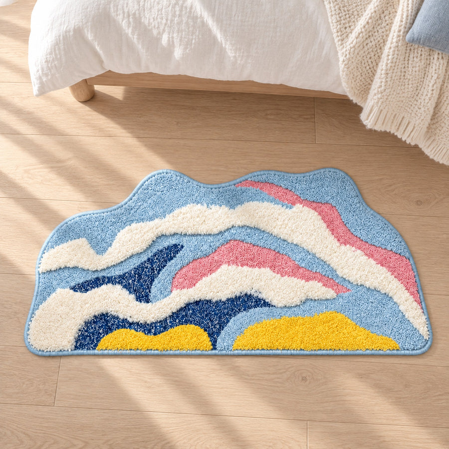 Feblilac Irregular Yellow, White and Blue Abstract Waves Tufted Bath Mat