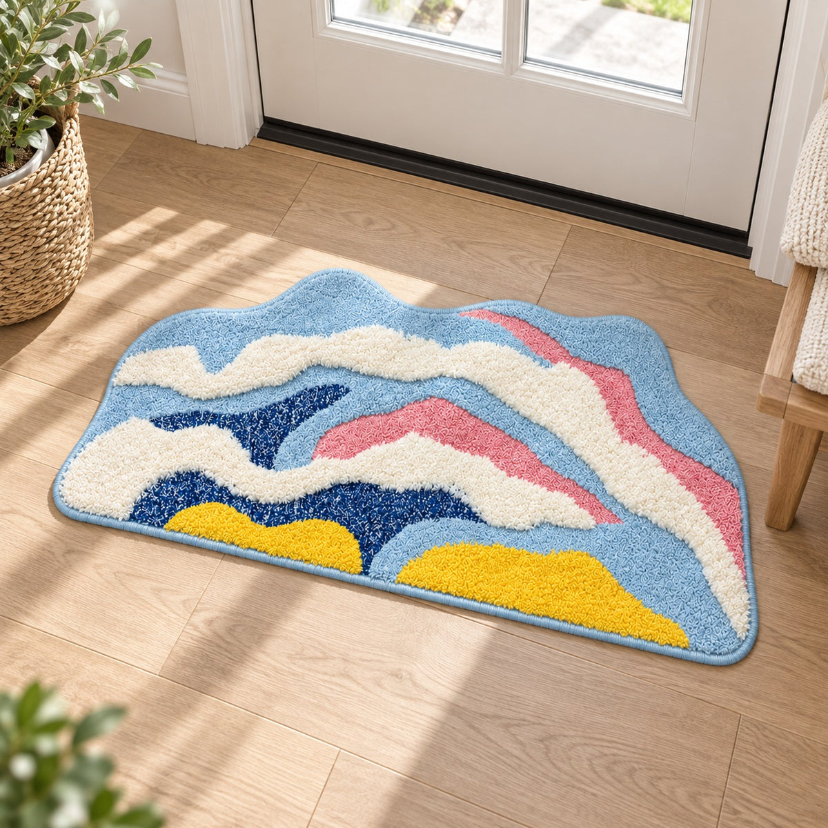 Feblilac Irregular Yellow, White and Blue Abstract Waves Tufted Bath Mat