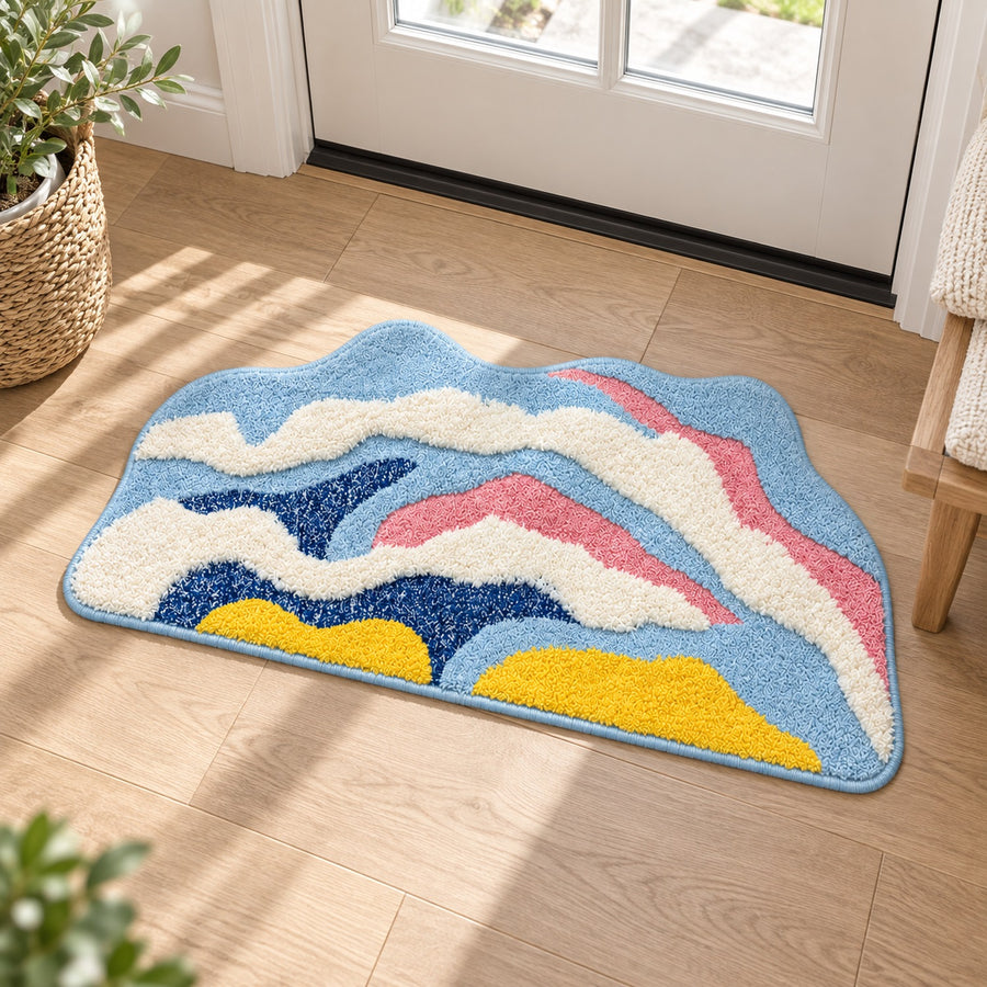 Feblilac Irregular Yellow, White and Blue Abstract Waves Tufted Bath Mat