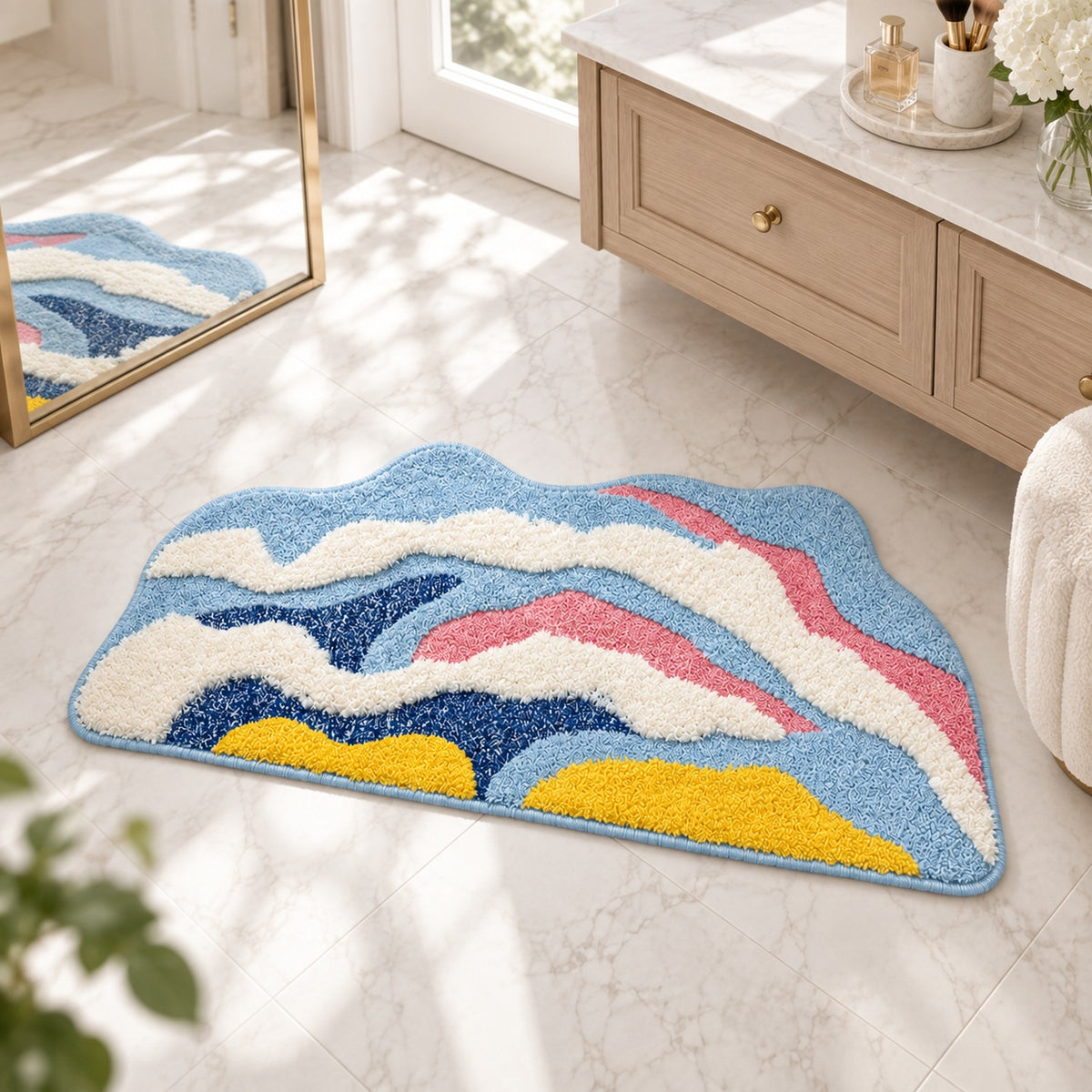 Feblilac Irregular Yellow, White and Blue Abstract Waves Tufted Bath Mat