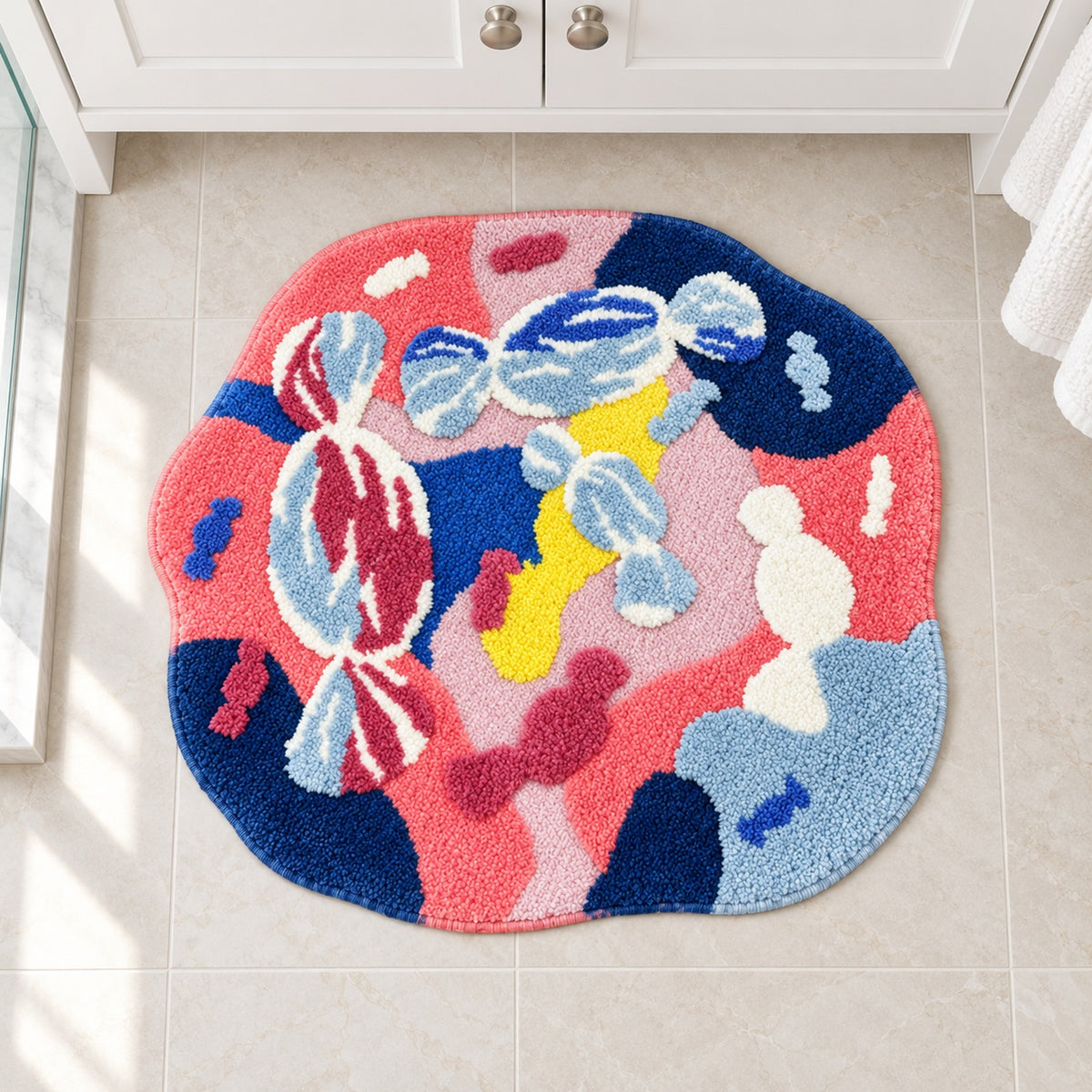 Feblilac Irregular Round Pink and Blue Abstract Moss Tufted Bath Mat