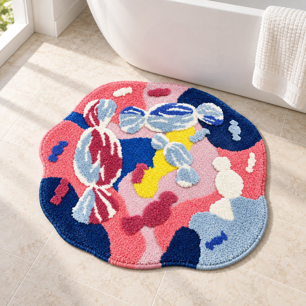 Feblilac Irregular Round Pink and Blue Abstract Moss Tufted Bath Mat