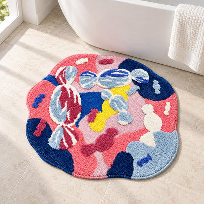 Feblilac Irregular Round Pink and Blue Abstract Moss Tufted Bath Mat