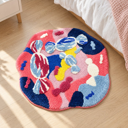 Feblilac Irregular Round Pink and Blue Abstract Moss Tufted Bath Mat