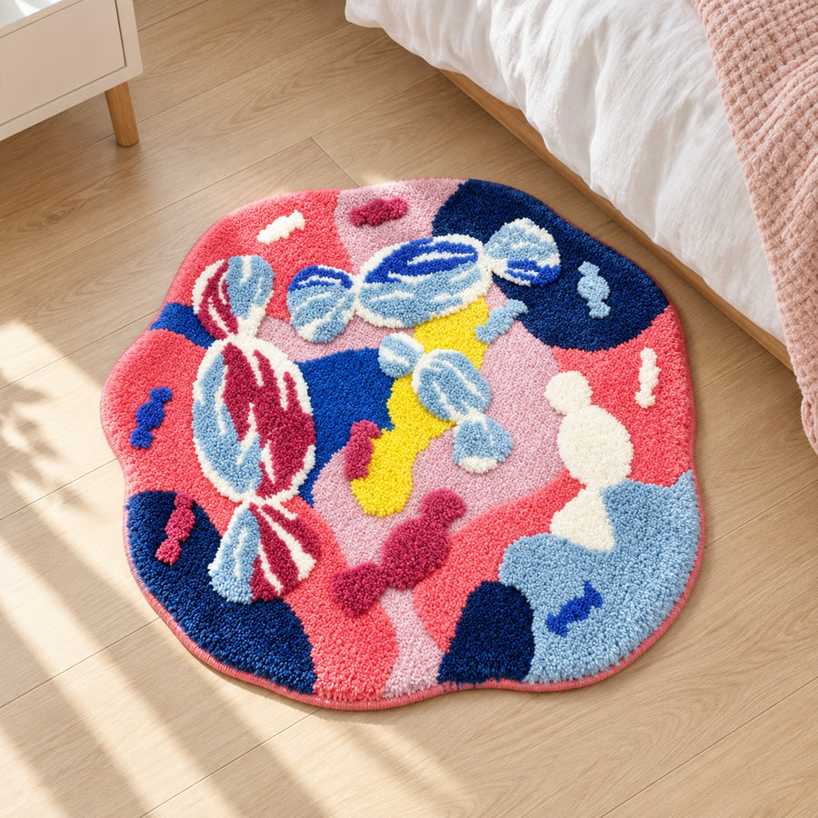 Feblilac Irregular Round Pink and Blue Abstract Moss Tufted Bath Mat