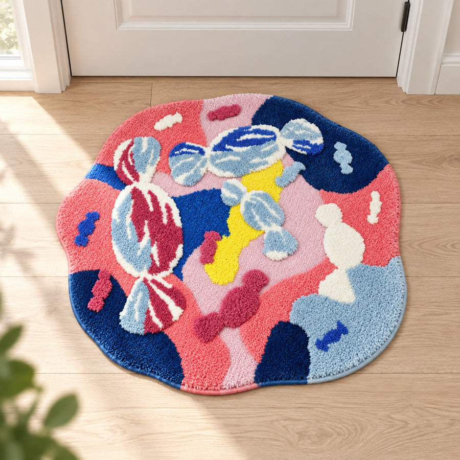 Feblilac Irregular Round Pink and Blue Abstract Moss Tufted Bath Mat