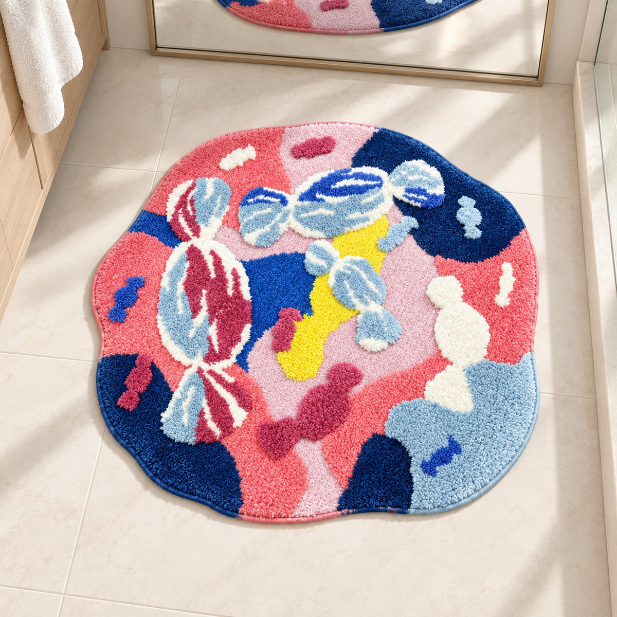 Feblilac Irregular Round Pink and Blue Abstract Moss Tufted Bath Mat