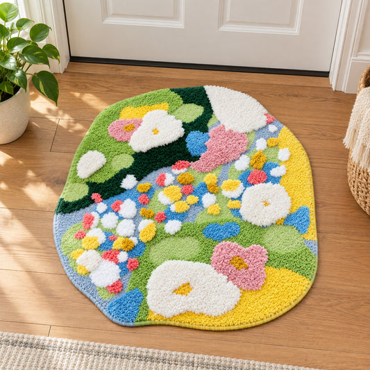 Feblilac Irregular Yellow Green White Moss Tufted Bath Mat