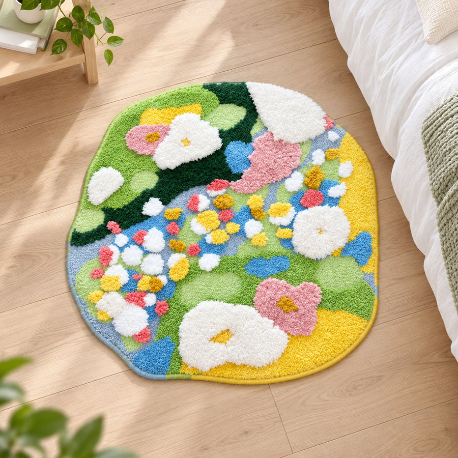 Feblilac Irregular Yellow Green White Moss Tufted Bath Mat