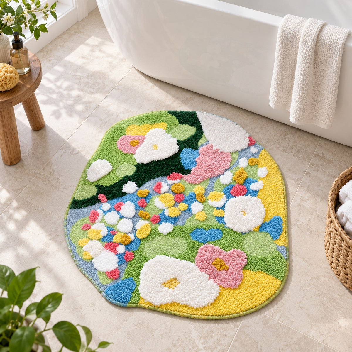 Feblilac Irregular Yellow Green White Moss Tufted Bath Mat