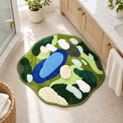 Feblilac Irregular Round Green Forest Lake Tufted Bath Mat