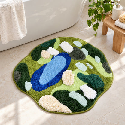 Feblilac Irregular Round Green Forest Lake Tufted Bath Mat