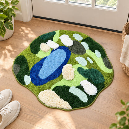 Feblilac Irregular Round Green Forest Lake Tufted Bath Mat