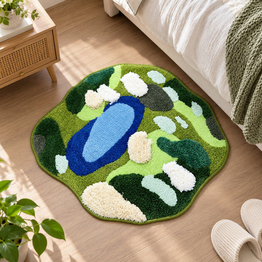 Feblilac Irregular Round Green Forest Lake Tufted Bath Mat