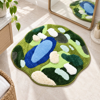 Feblilac Irregular Round Green Forest Lake Tufted Bath Mat
