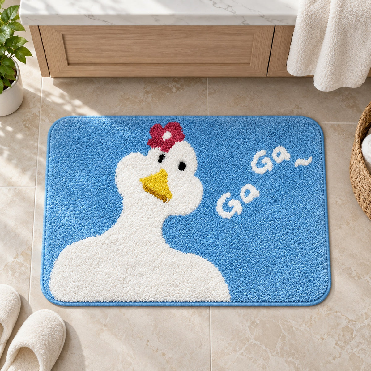 Feblilac Blue Background and White Duck Tufted Bath Mat