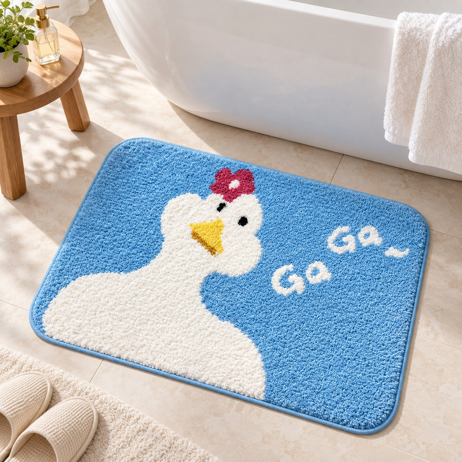 Feblilac Blue Background and White Duck Tufted Bath Mat