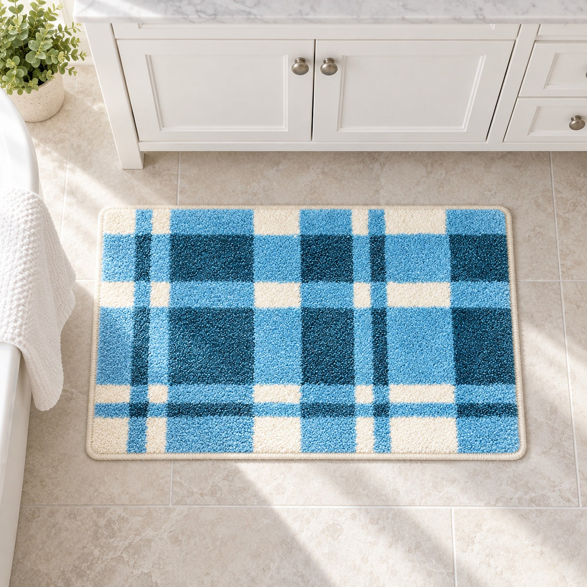 Feblilac Rectangular Blue White Lines Tufted Bath Mat