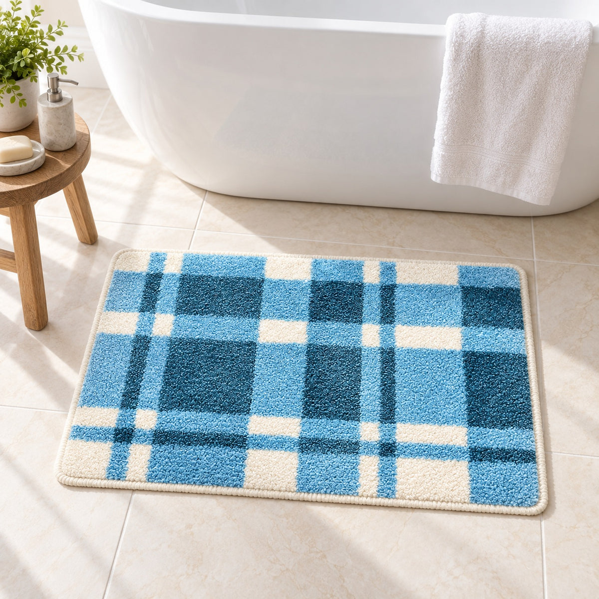 Feblilac Rectangular Blue White Lines Tufted Bath Mat