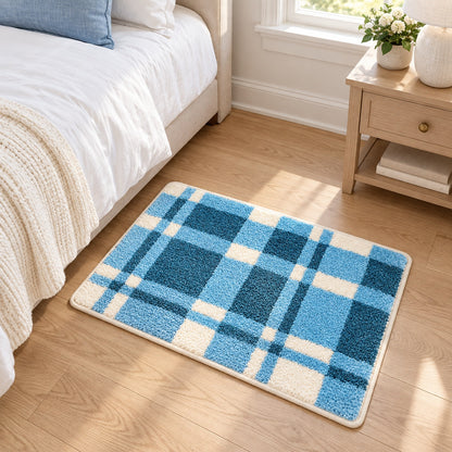 Feblilac Rectangular Blue White Lines Tufted Bath Mat