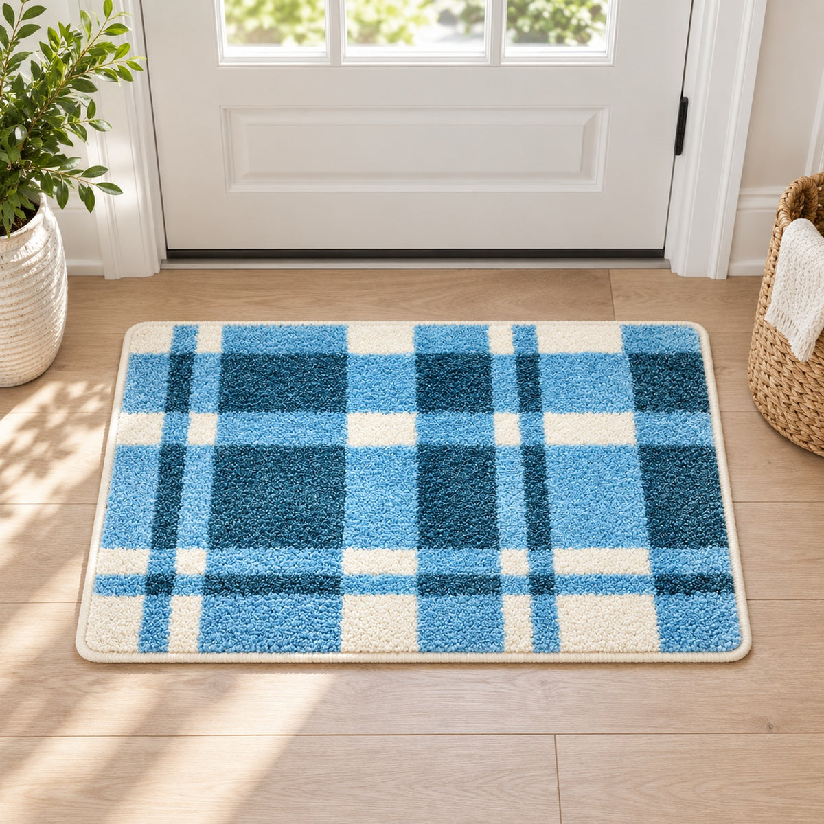 Feblilac Rectangular Blue White Lines Tufted Bath Mat
