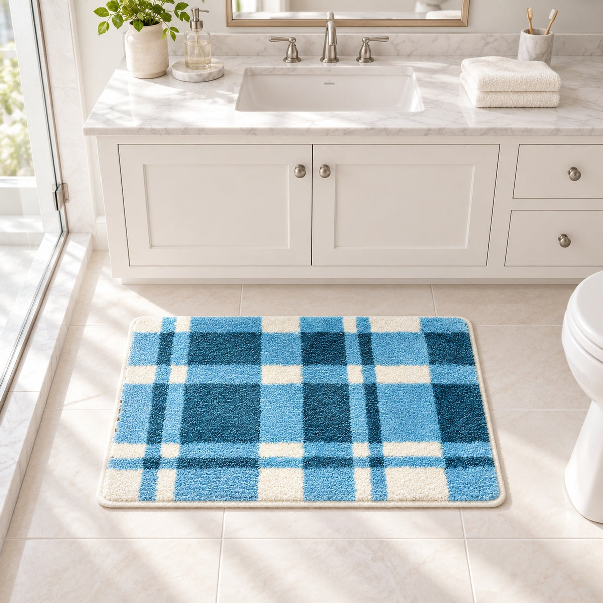 Feblilac Rectangular Blue White Lines Tufted Bath Mat