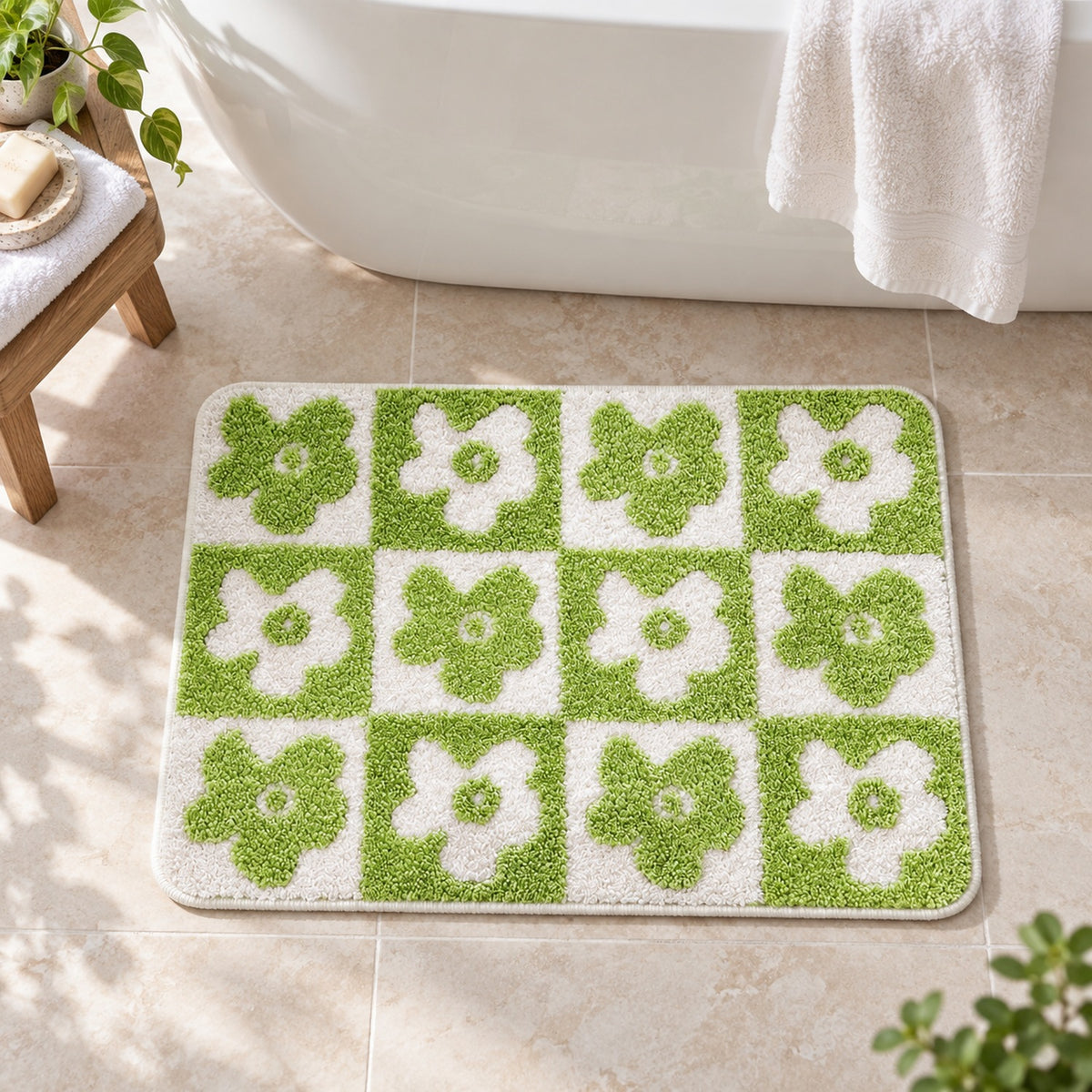 Feblilac Green-white Flower Checkerboard Tufted Bath Mat