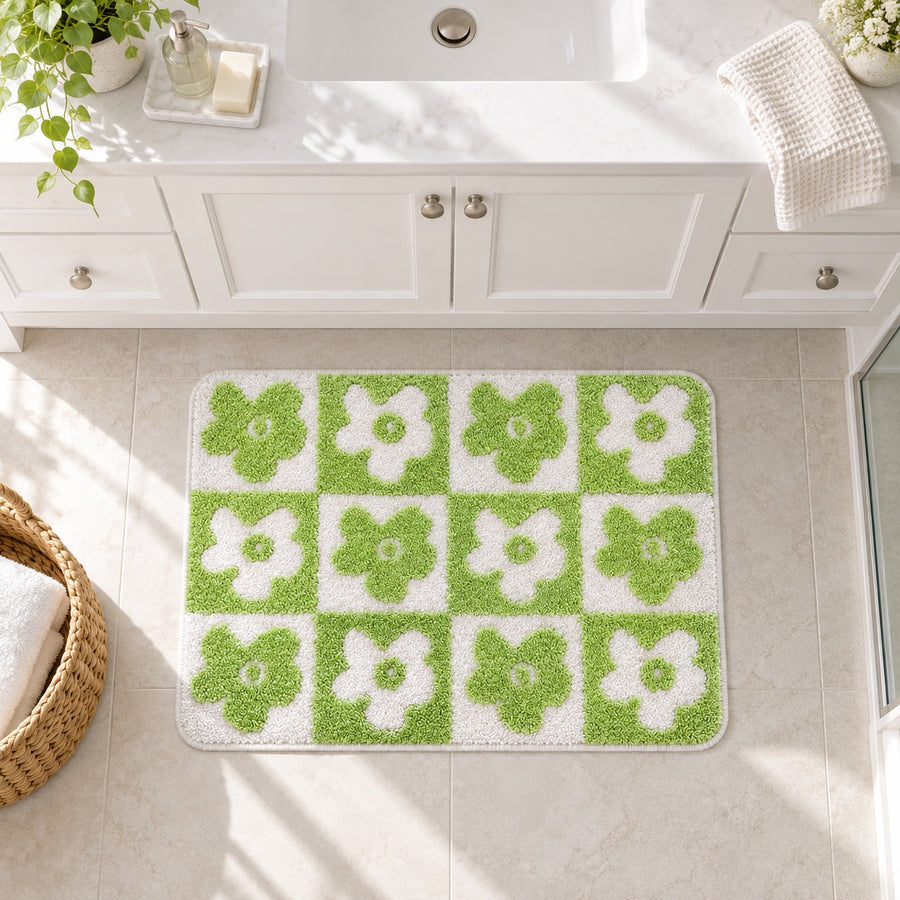 Feblilac Green-white Flower Checkerboard Tufted Bath Mat