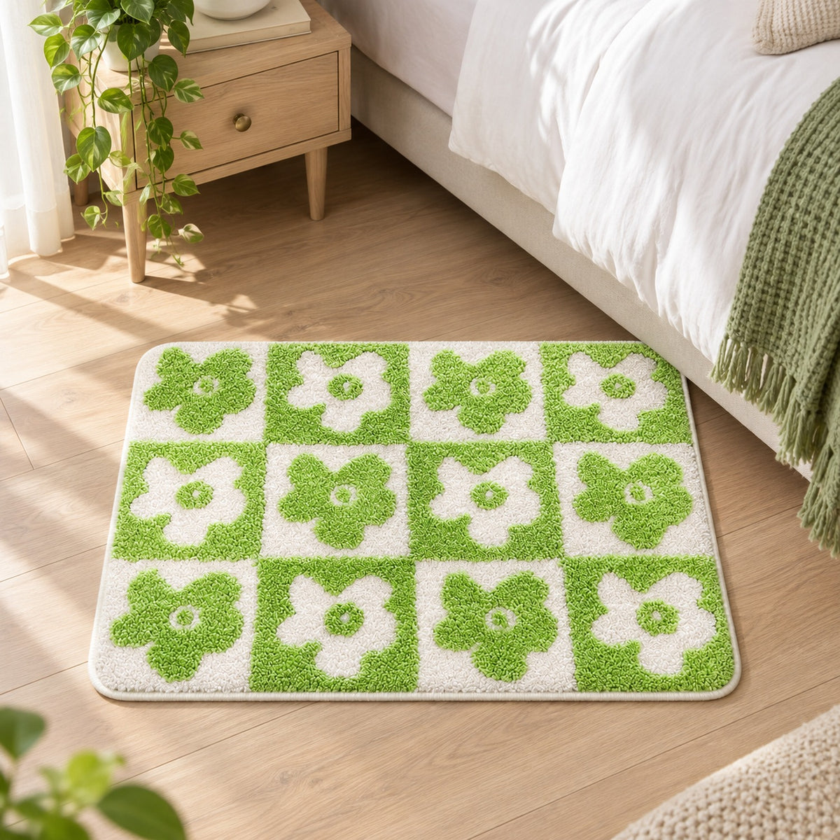 Feblilac Green-white Flower Checkerboard Tufted Bath Mat