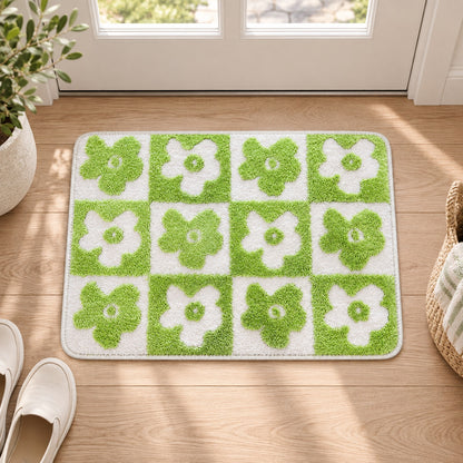 Feblilac Green-white Flower Checkerboard Tufted Bath Mat