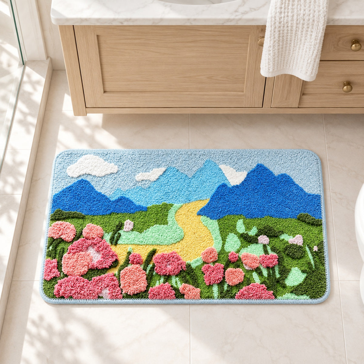Feblilac Blue Sky Mountain Flower Bush Runner Tufted Bath Mat
