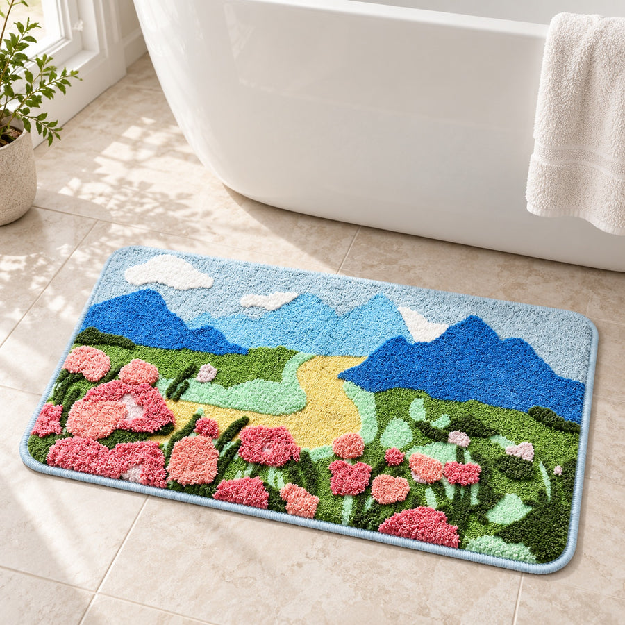 Feblilac Blue Sky Mountain Flower Bush Runner Tufted Bath Mat