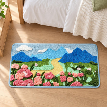 Feblilac Blue Sky Mountain Flower Bush Runner Tufted Bath Mat
