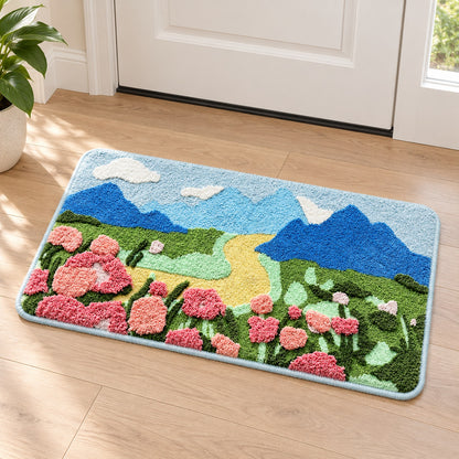 Feblilac Blue Sky Mountain Flower Bush Runner Tufted Bath Mat