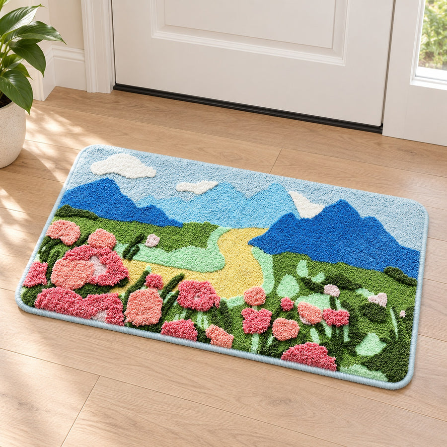 Feblilac Blue Sky Mountain Flower Bush Runner Tufted Bath Mat